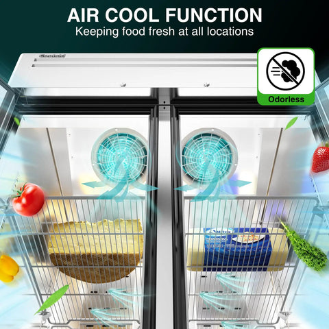 Heavy Duty Two Door Reach In Commercial Freezer, 35 Cu Ft interior view showing air cool function with fresh food.