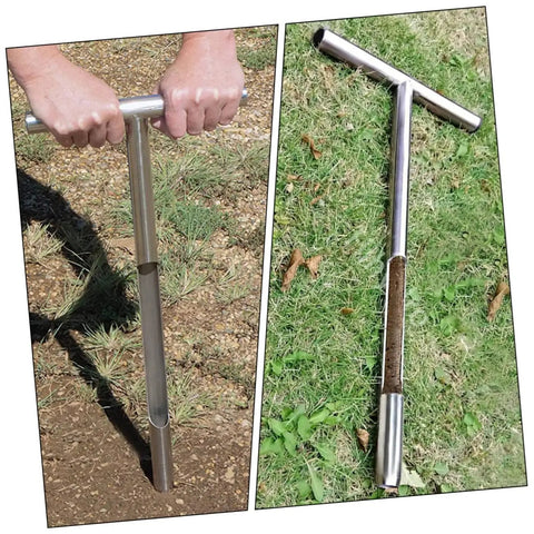 Person using Stainless Steel Soil Sampler Probe With T Handle For Easy Soil Testing In Gardens Lawns And Farms Lightweight Pro Grade Anti Skid Grip Core Sampling Tool For Accurate Readings
