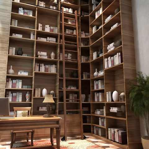 Home library setup without ladder, showing shelving compatible with Heavy Duty Sliding Library Track Kit 20 Foot With Floor Roller Wheels No Ladder Plug And Play Setup Includes Track Ground Wheels Pulleys Seals Stops And All Screws For Quick Install.