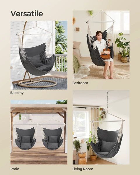 Slate gray cozy hammock chair with two cushions, shown in living room, patio, bedroom, and balcony for indoor outdoor lounging.
