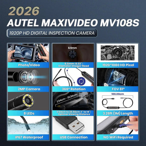 MV108S 1920P USB Endoscope Camera With 8.5mm Lens IP67 Waterproof Borescope 39.5 Inch Flexible Snake Cable Clear HD Inspection For Engines Pipes HVAC And Autel Tools On PC Upgraded From MV108 For Pro Grade Diagnostics. front view product image with 8 LEDs, USB connection, and 1m cable