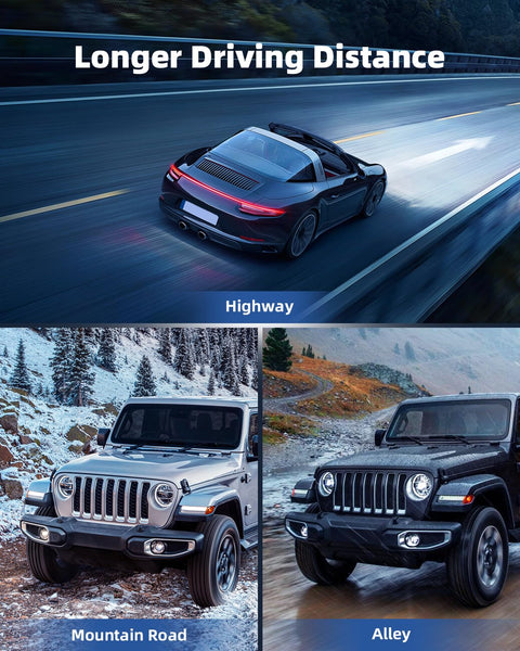 Cars driving on highway, mountain road, and alley highlighting longer driving distance capabilities on various terrains.