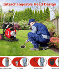 Electric Auto Feed Drain Cleaner Machine With Air Activated Foot Switch And 75 Feet Cord is being used outdoors to clear a drain.