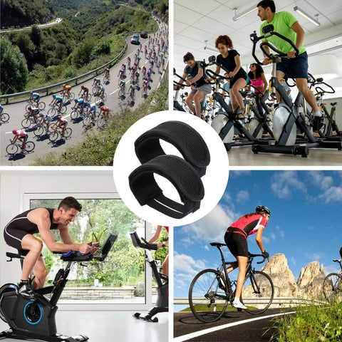 Double Adhesive Adjustable Bike Pedal Straps With Anti Slip Toe Clips Universal Foot Straps in various cycling scenes