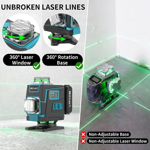 Laser Level With Tripod And Remote, 4x360 Degree Self Leveling Green Laser Leveler Tool in use with 360° rotation base