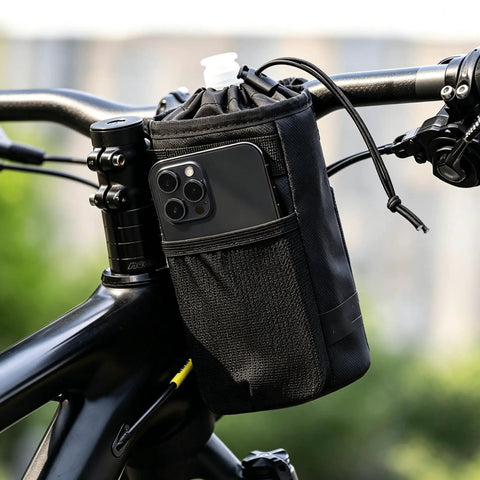 Rock Solid Insulated Bike Cup Holder For Epic E-Bike Offroad MTB Rides Keeps Your Drink Ice Cold Or Scalding Hot With Thick Foam Protection During Wild Adventures And Camp Tours Leak Proof Gear, black foam on bike handlebar