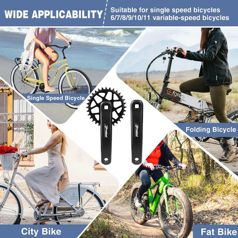 32T Chainring Crank Set With 170mm Arm For Mountain Bikes And Student Bicycles, Narrow Wide Drop Stop Design chart showing wide applicability for various bike types.