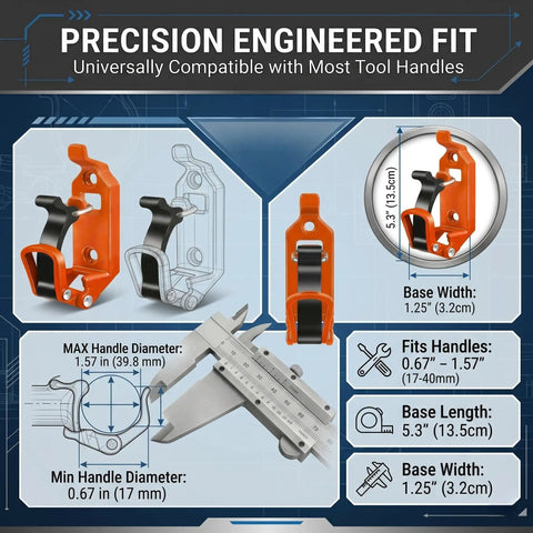 Diagram of Beefy Heavy Duty Quick Release Shovel Mount For Truck Bed And Roof Rack specs, showing dimensions and compatibility.