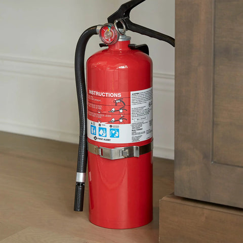 Bracket5 Replacement Fire Extinguisher Bracket Mount Kit For Home, Boat, And Vehicle Use With All Hardware Included next to cabinet