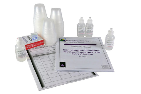 Hands On Lab Kit For Nitrates, Phosphates, And Eutrophication In Freshwater, booklets, bottles, and cups displayed
