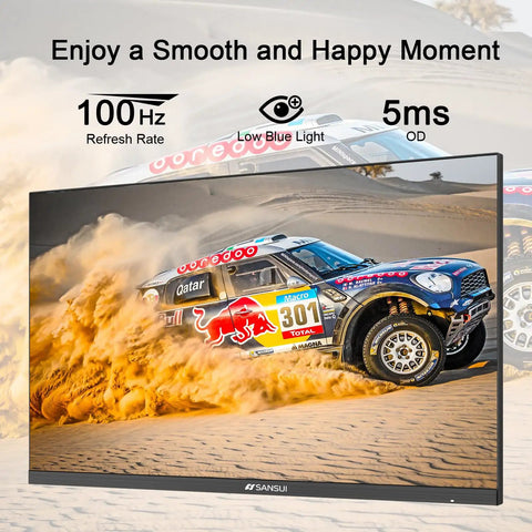 24 Inch Full HD 100Hz Monitor With HDMI And VGA Ports HDR10 FreeSync Low Blue Light Anti Glare Eye Care Ultra Slim VESA Mount Ergonomic Tilt 5 Degrees To 22 Degrees Game Ready For Home Office And Gaming Cable Included showing a racing car on screen