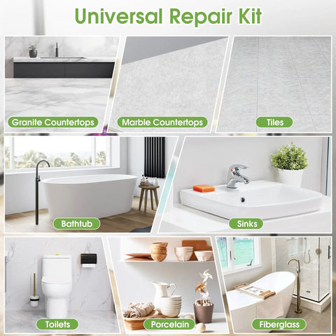 Image of Universal Repair Kit applications including granite countertops, marble countertops, tiles, bathtub, sinks, toilets, porcelain, and fiberglass surfaces.