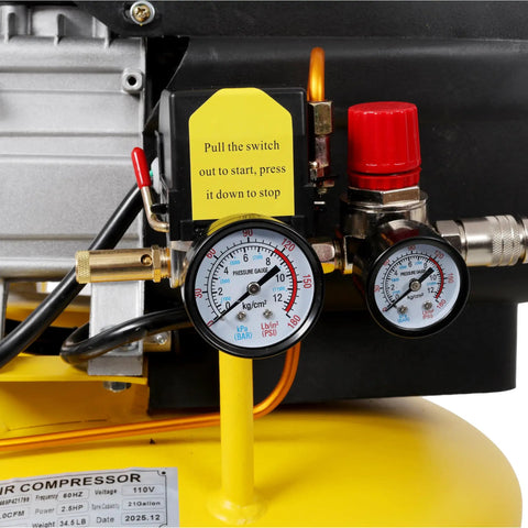 Close-up of gauges and controls on 21 Gallon Portable Vertical Air Compressor With 2.5Hp Motor And 115Psi Output Yellow Tank.