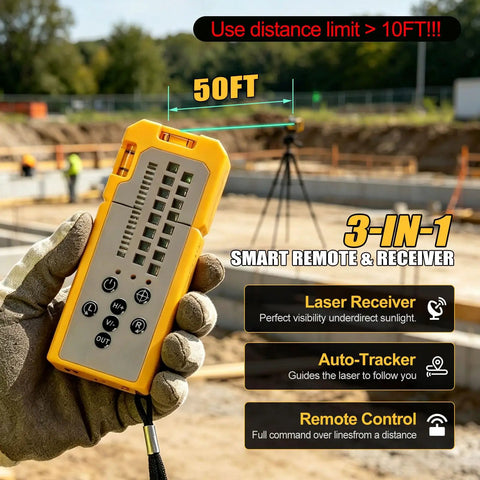 Auto Tracking 4D Laser Level With 16 Green Laser Lines, Motorized 360 Base For Solo Layouts, handheld remote receiver on jobsite