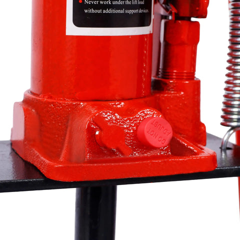 Close-up of red hydraulic pump base of Heavy Duty Six Ton Hydraulic Shop Press With A Frame Benchtop And Adjustable Garage Floor Design.