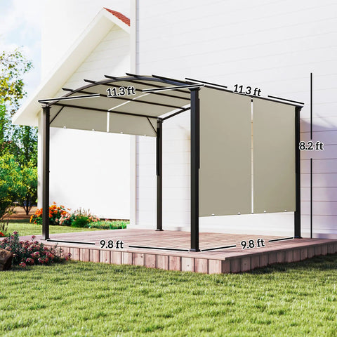 Retractable Pergola Canopy For Outdoor Patio 11 By 11 Feet Arched Sun Shade Shelter With Steel Frame And UV Protected Beige Cover
