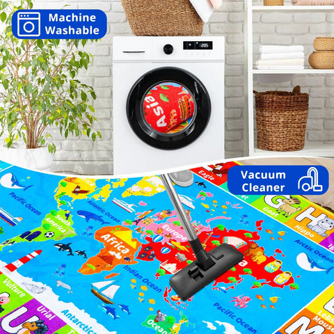 Interactive World Map Kids Rug for Playroom and Classroom 110 By 78.7 Inches Educational Geography Carpet with vacuum cleaner