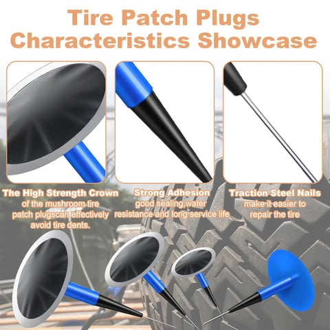 On The Go Roadside Tire Patch Kit With 24 Plugs In Sizes 1.42 1.81 And 2.36 In showing plug characteristics and tire repair features.