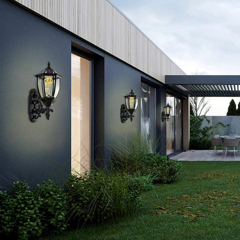 Solar Powered Wall Lamp With Light Sensor Auto On At Night Waterproof Outdoor LED Hexagonal Sconce illuminating porch