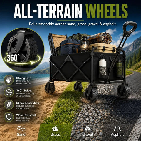 Foldable Wagon Cart With All Terrain Wheels, heavy duty utility wagon on sand, grass, gravel, and asphalt with camping gear