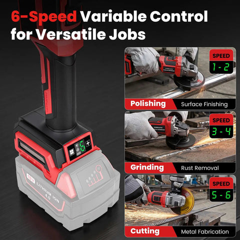 Badass Brushless Cordless Angle Grinder Compatible With Milwaukee M18 Batteries Tool Only showing 6-speed controls for metal cutting and polishing.