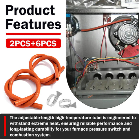 2 Pack Furnace Pressure Switch Hose Kit With 3/16 Inch ID By 38 Inch Length High Temperature Silicone Vacuum Tubing Includes Six 304 Stainless Steel Clamps Compatible With 79-21491-83 shown coiled and in an HVAC system