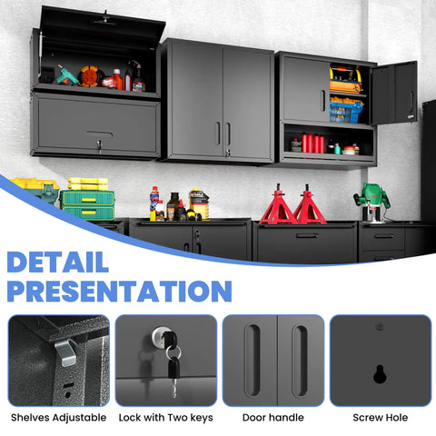 Premium Heavy Duty Wall Mounted Metal Storage Cabinet Lockable Garage Tool Organizer Hanging Workshop Box with adjustable shelves and lock.