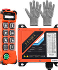Wireless Crane Remote Control With Dual Speed 8 Channel Button Industrial Controller, transmitter, receiver, and gloves shown