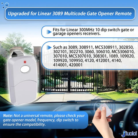 3089 Multicode Gate Opener Remote Control For 300MHz 10 Dip Systems Linear Garage Door Remote displayed with gate