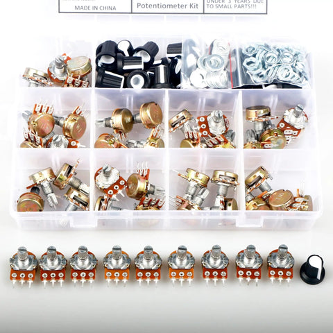 Must Have Potentiometer Kit 45 Piece Set With 1K 5K 10K 20K 50K 100K 250K 500K 1M Ohm B Type Linear Pots, knobs, nuts, and washers