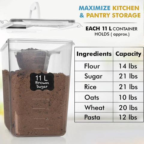 2 Pack Extra Large Food Storage Containers With Lids 11L Each Easy Carry Handle BPA Free Airtight For Flour Sugar Rice Cereal Bulk Pantry Organization, showing brown sugar.