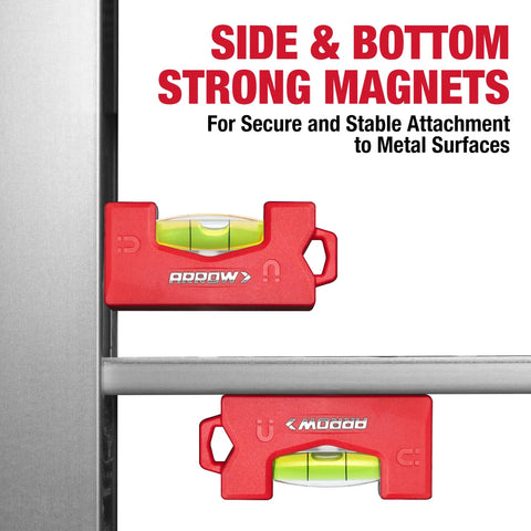 Heavy Duty 3 Inch Magnetic Mini Level Featuring Boss Grade Neodymium Magnets gripping metal surfaces with bright vials.