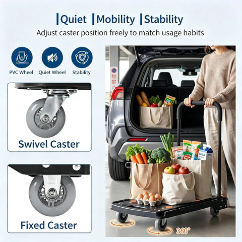 Heavy Duty Folding Hand Truck Featuring Four Sturdy Casters And Rock Solid Aluminum Handles For Zero Hassle Moving Up To 330 Pounds Without A Sweat On Any Project with groceries in car