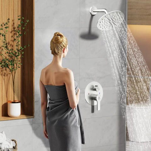 8 Inch Brushed Nickel Shower Faucet Trim Kit With Air Blended Pressure Rain Head And Handheld Sprayer Solid Brass Rough In Valve Dual Function Bathroom System No Fuss Setup Big Time Flow in use with woman showering.