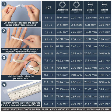Mens Silicone Wedding Ring With Breathable Rubber Band size chart showing measurements for finger sizing.