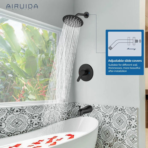 Solid Wall Mount Shower Faucet Set With Heavy Duty 6 Inch Rainfall Head And Smooth Tub Spout In Sharp Matte Black, waterfall spraying.