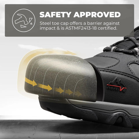 Close-up view of Waterproof Steel Toe Work Boots For Men Paladin-Steel, slip-resistant, showing ASTM certified toe cap protection.