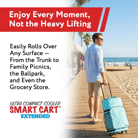 Man pulls Ultra Compact Smart Cart Cooler With Extended Insulation Collapsible Rolling Tailgate Tote on beach boardwalk.