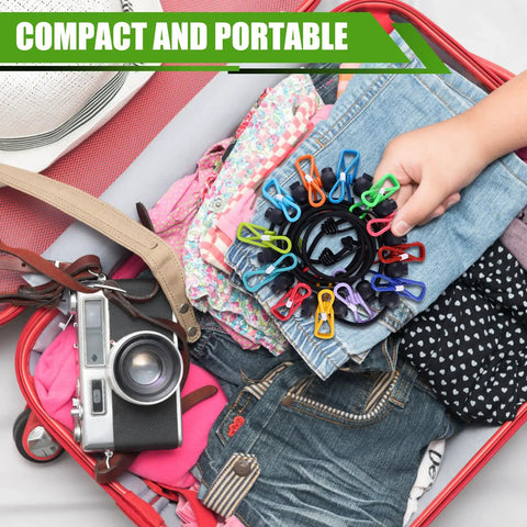 Compact 2 Pack Portable Camping Clothesline Set With 12 Colorful Clothespins And 13 Windproof Non Slip Clamps in a travel bag