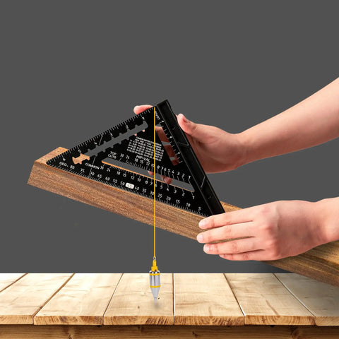 Kickass 7 Inch Rafter Square With Built In Bubble Level Solid Aluminum Carpenter Triangle Layout Gauge For Woodworking Framing, aligned on wood.
