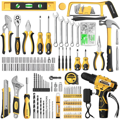 Heavy Duty 299 Piece Tool Kit With 12V Cordless Drill And Spacious Sliding Drawer Case tools arranged for mechanics with black and yellow design.