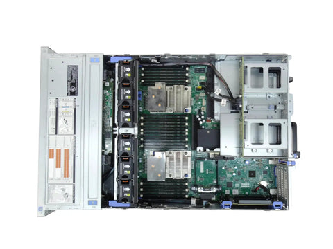 Inside view of Renewed R740Xd Rackserver featuring dual Platinum 8260 CPUs, 1TB RAM, and NVMe drive slots.
