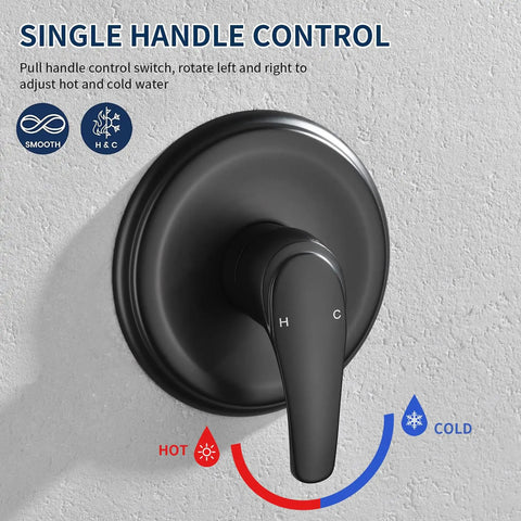 Matte Black Shower System With Dual Fixed And Handheld Heads Featuring Six Spray Modes And A Three Way Diverter Valve control handle for hot and cold water adjustment.