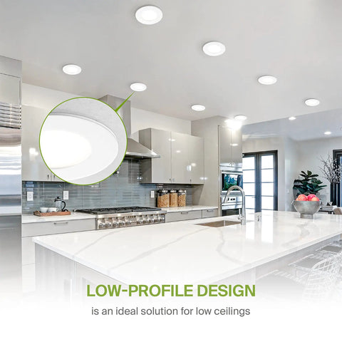 3 Inch LED Recessed Light Kit Ultra Thin Dimmable Ceiling Lights With J Box 2700K 3000K 3500K 4000K 5000K Color Temps 6W 30W Equivalent Canless Wafer Round Slim Panel UL Energy Star Black 6 Pack installed in modern kitchen