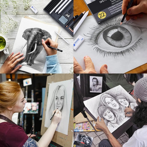Artists using 22 Piece Sketching Pencil Set for drawing elephants, eyes, portraits with graphite, charcoal, blending tools, and erasers.