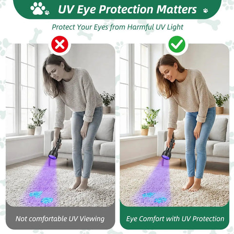 Ultimate UV Black Light Flashlight With 51 LEDs And 395 Nm Ultraviolet Beam For Pet Stains And Urine Detection Bed Bug Finder shown detecting stains on carpet