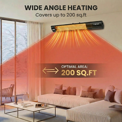 Electric Patio Heater With Remote Control 1500W Outdoor Infrared Wall Mounted shown heating a living room area