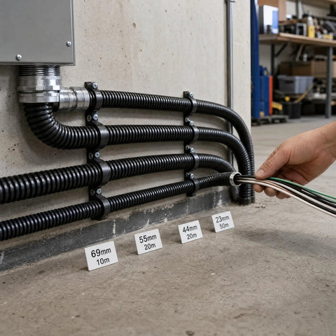 High Flex Corrugated Cable Conduit, 51 Mm Heavy Duty Wire Raceway With Galvanized Steel Core, 20 Meter Roll visible along wall for wiring setup.