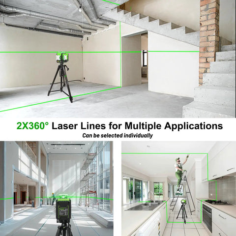 Pro Grade 12V Self Leveling Laser Level With Bluetooth Dual 360 Degree Green Beams for framing and leveling in a construction site.