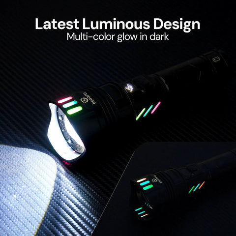 Ridiculously Bright 100000 Lumens USB C Rechargeable LED Flashlight glowing in the dark on black surface